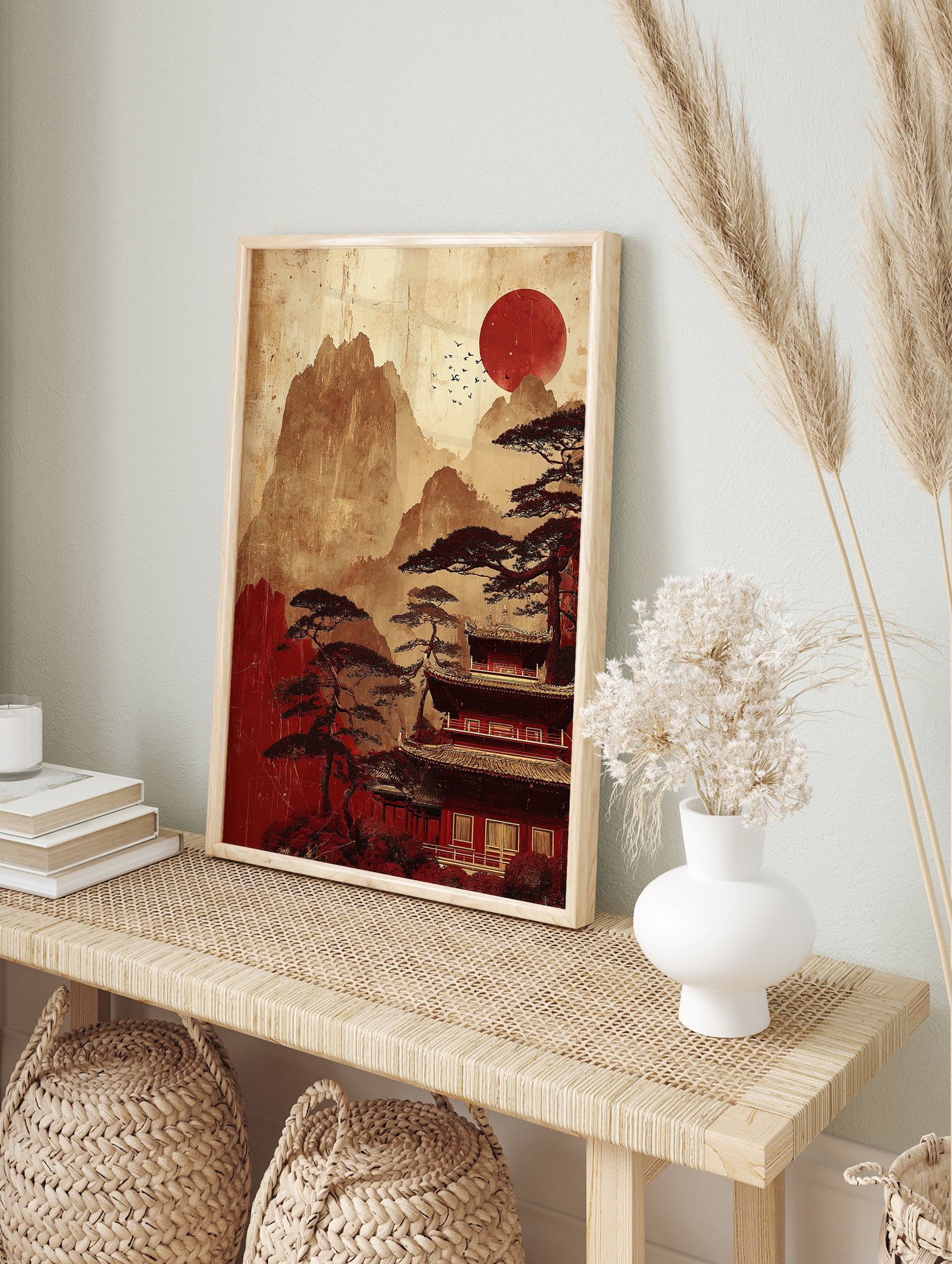 Japanese Temple Landscape poster with red sun, pine trees, and pagoda in a traditional Asian art style. - Image 4