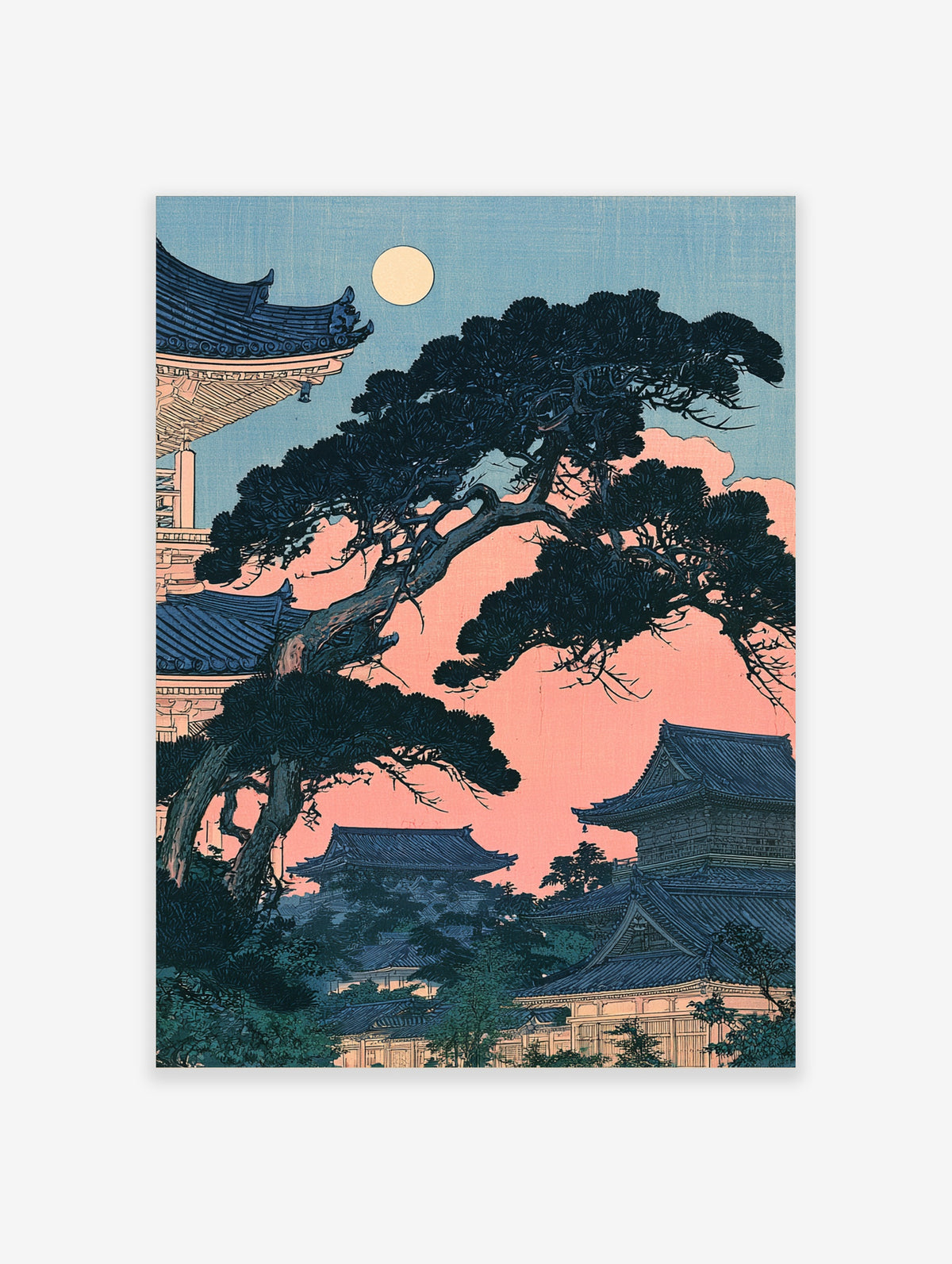 Japanese pagoda and pine tree illustration under a full moon with pink sky and blue architecture