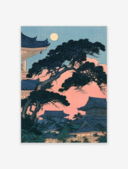 Japanese pagoda and pine tree illustration under a full moon with pink sky and blue architecture