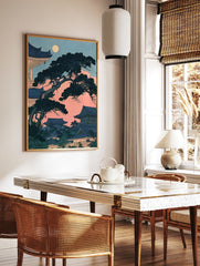 Japanese pagoda and pine tree illustration under a full moon with pink sky and blue architecture, in a styled room mockup