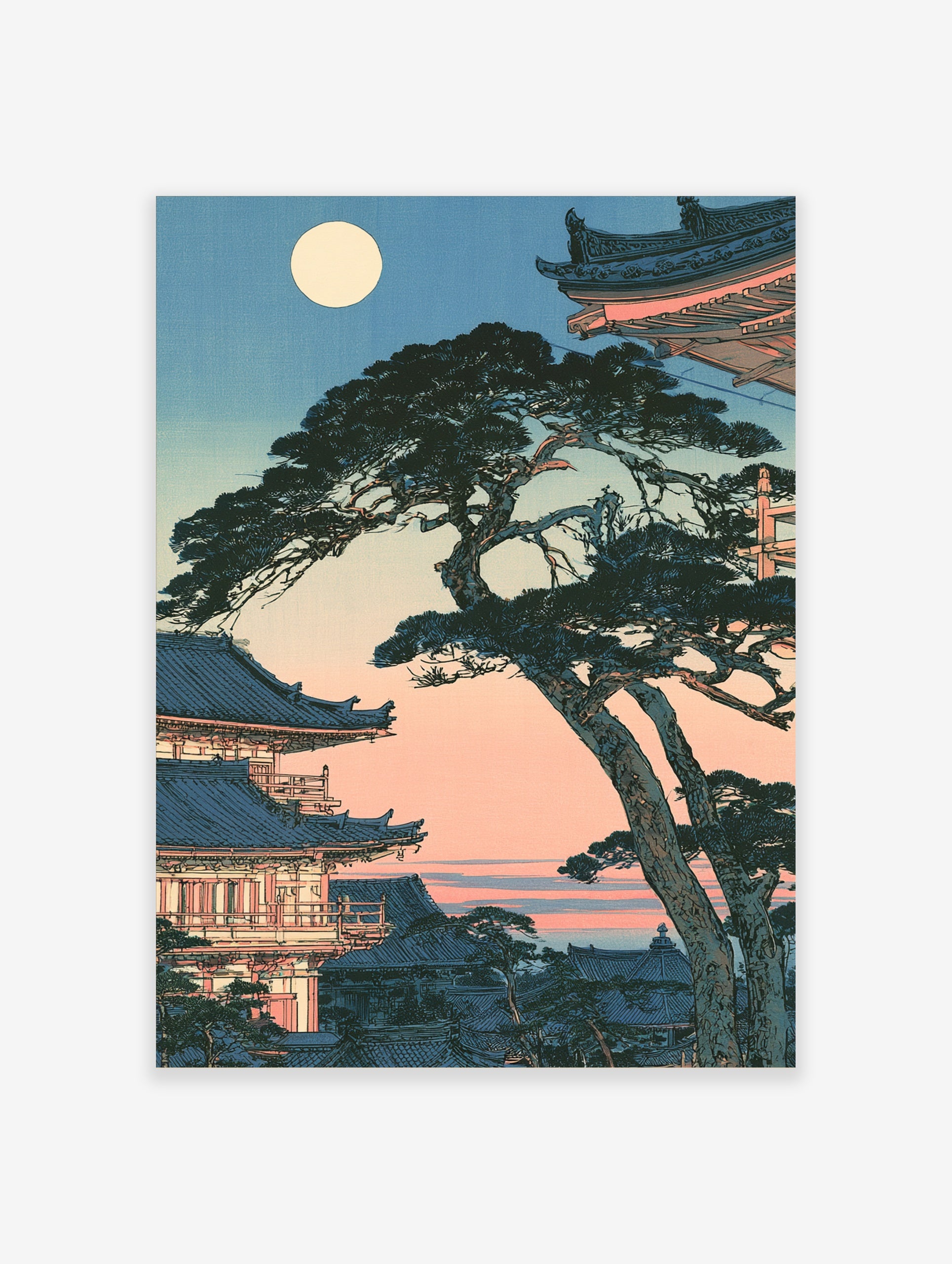 Japanese temple pagoda landscape art print with a full moon and gnarled pine tree in an illustrative style