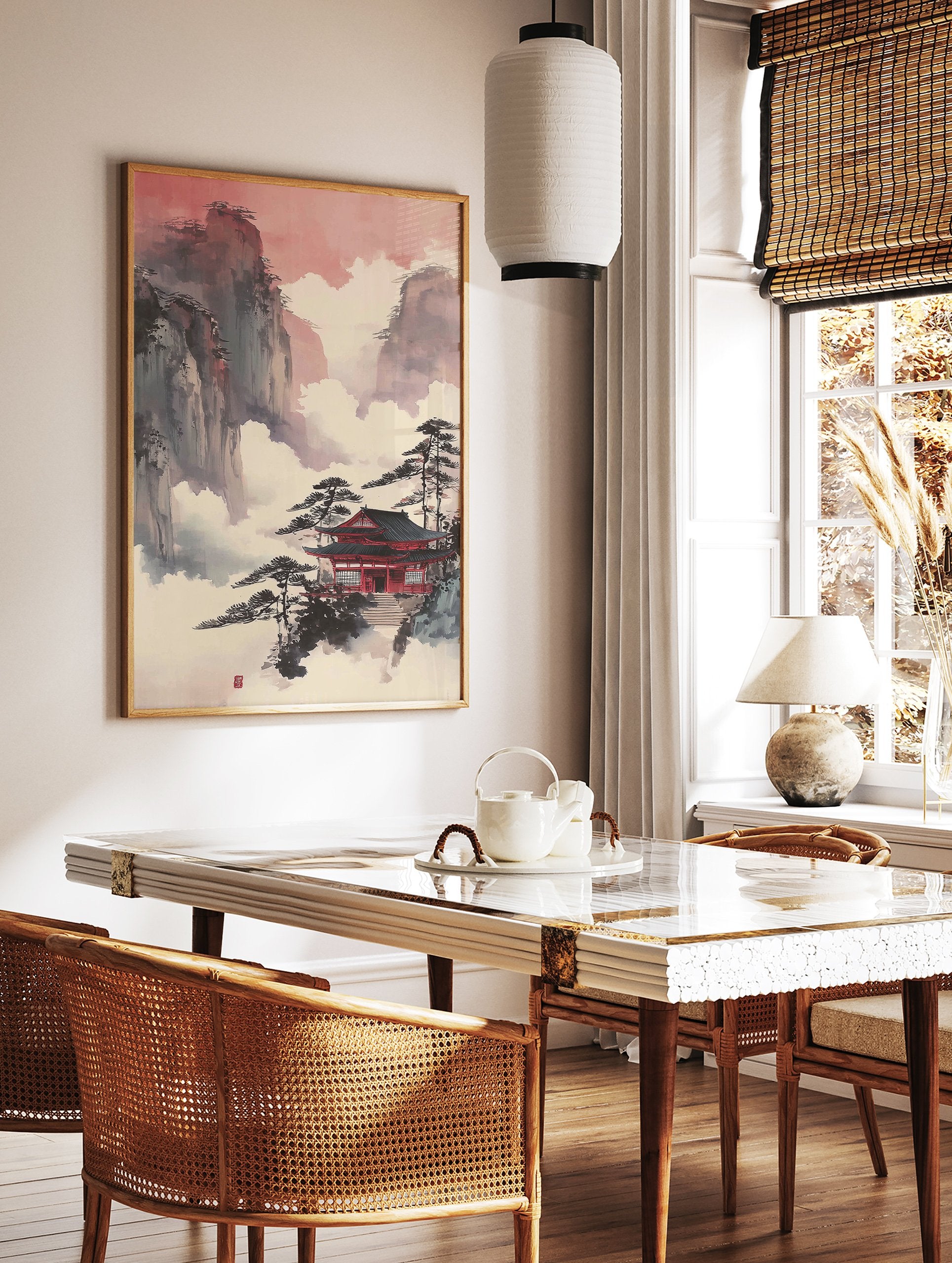 Japanese temple wall art with a red roof amidst misty mountains and pine trees under a red sky. - Image 2