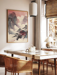 Japanese temple wall art with a red roof amidst misty mountains and pine trees under a red sky. - Image 2