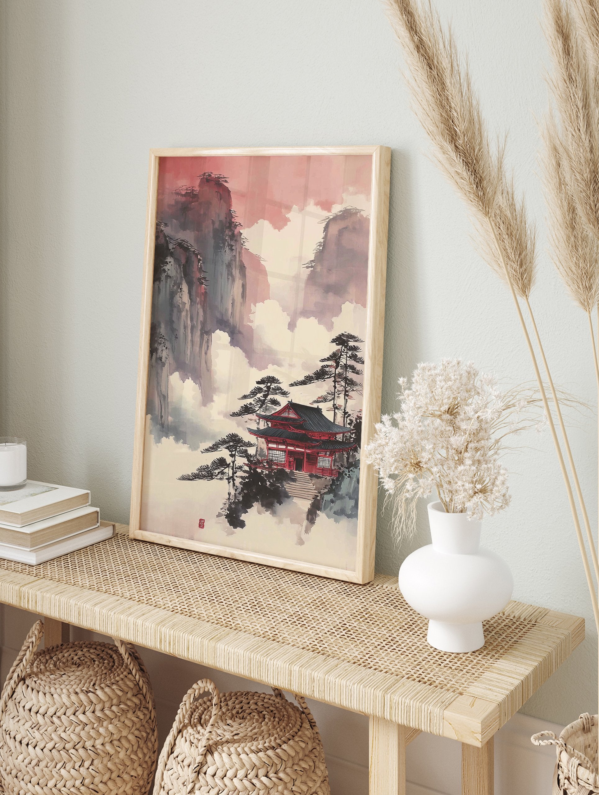 Japanese temple wall art with a red roof amidst misty mountains and pine trees under a red sky. - Image 3