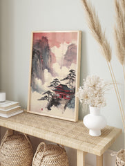 Japanese temple wall art with a red roof amidst misty mountains and pine trees under a red sky. - Image 3