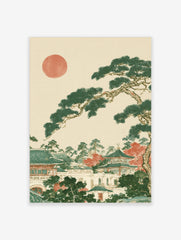 Japanese landscape art print with a pine tree, temple architecture, and a red sun on a neutral background