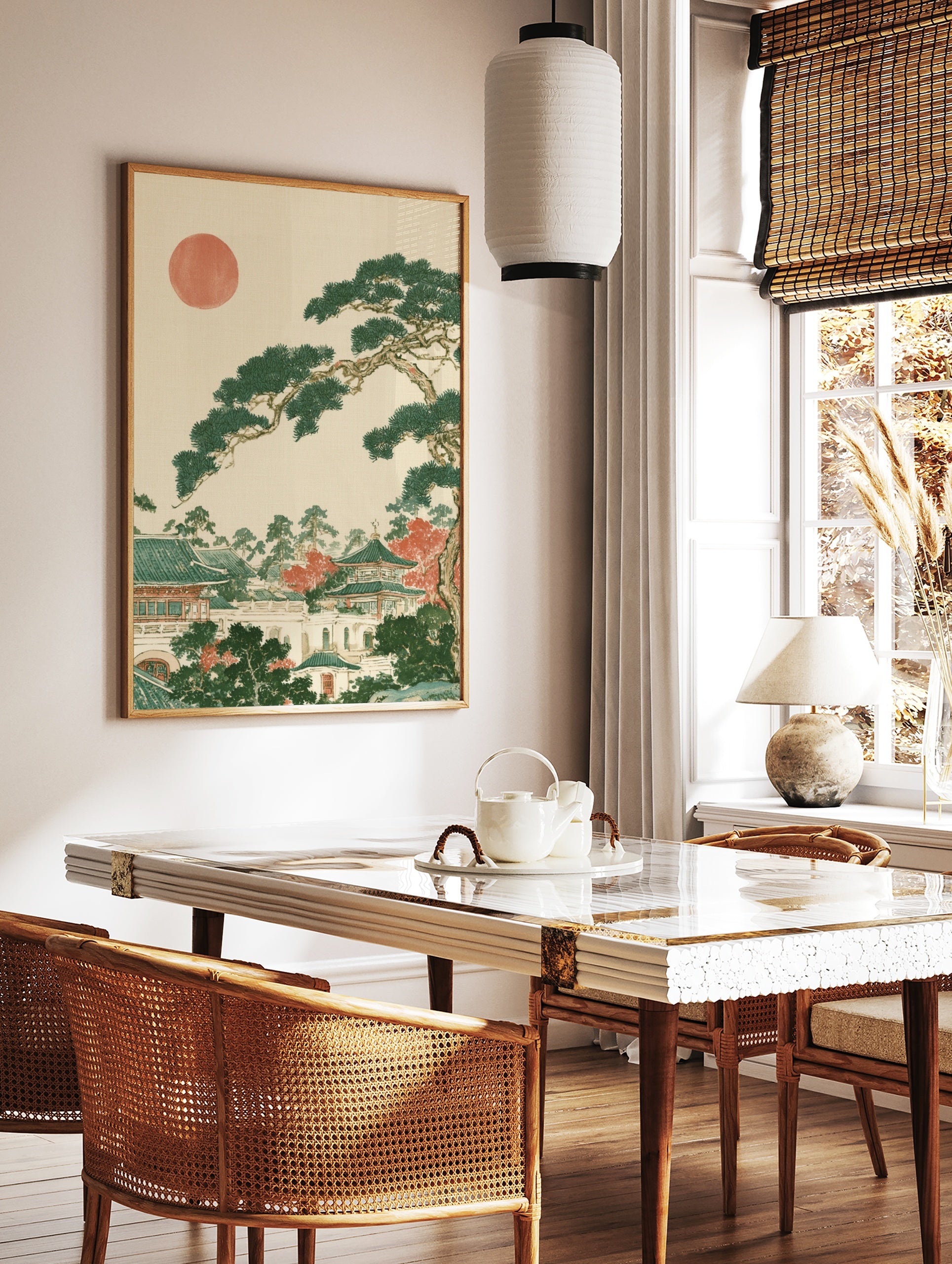 Japanese landscape art print with a pine tree, temple architecture, and a red sun on a neutral, in a styled room mockup