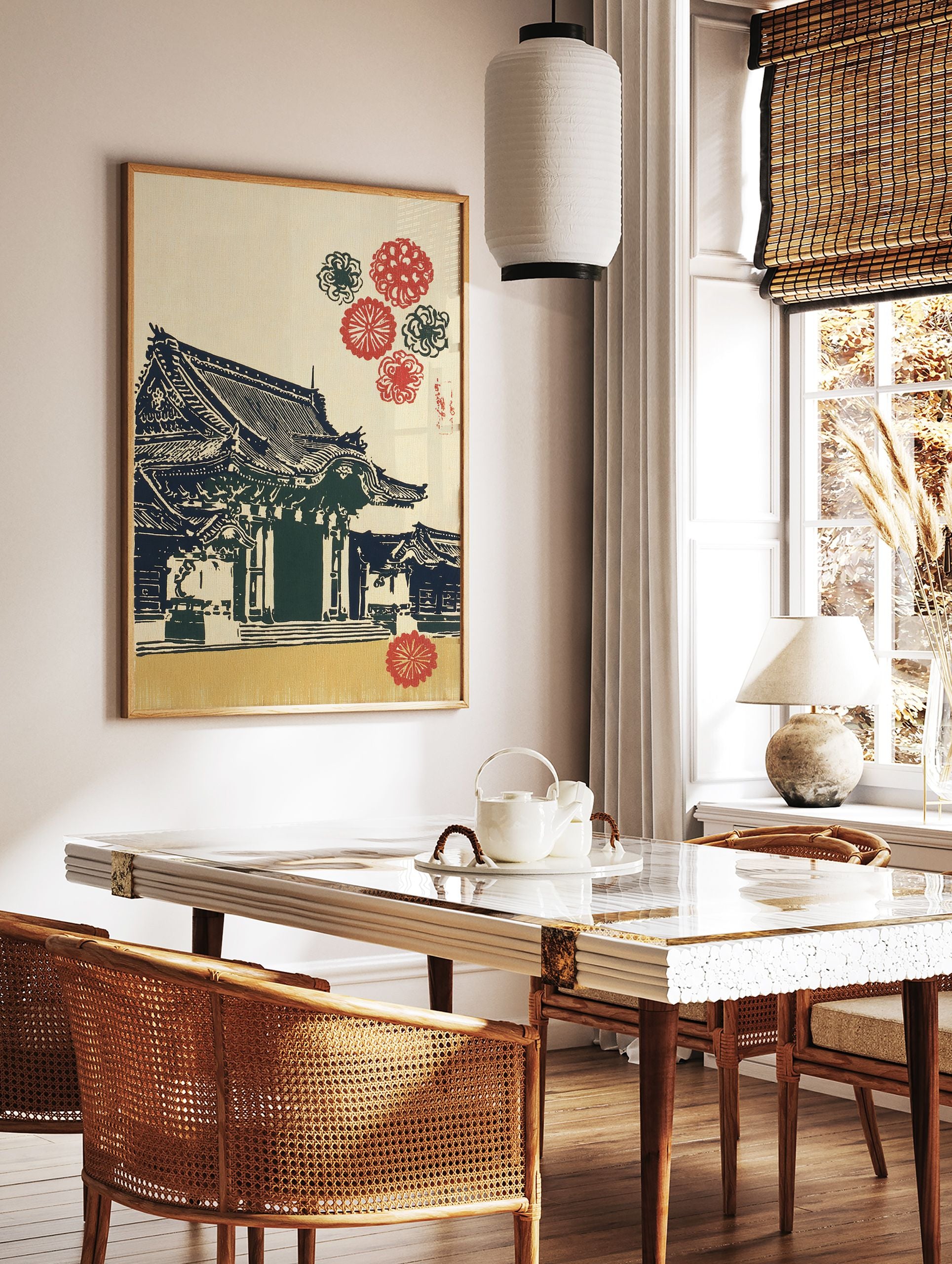 Traditional Japanese temple print with a dark blue roof and red floral patterns on a cream and gold background. - Image 2