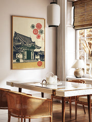 Traditional Japanese temple print with a dark blue roof and red floral patterns on a cream and gold background. - Image 2