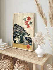 Traditional Japanese temple print with a dark blue roof and red floral patterns on a cream and gold background. - Image 3