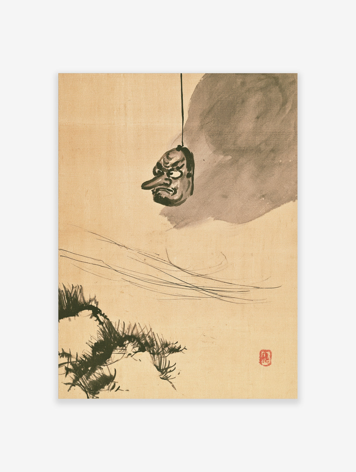 Japanese tengu mask poster with suspended Noh mask, ink wash cloud and pine branch on beige paper