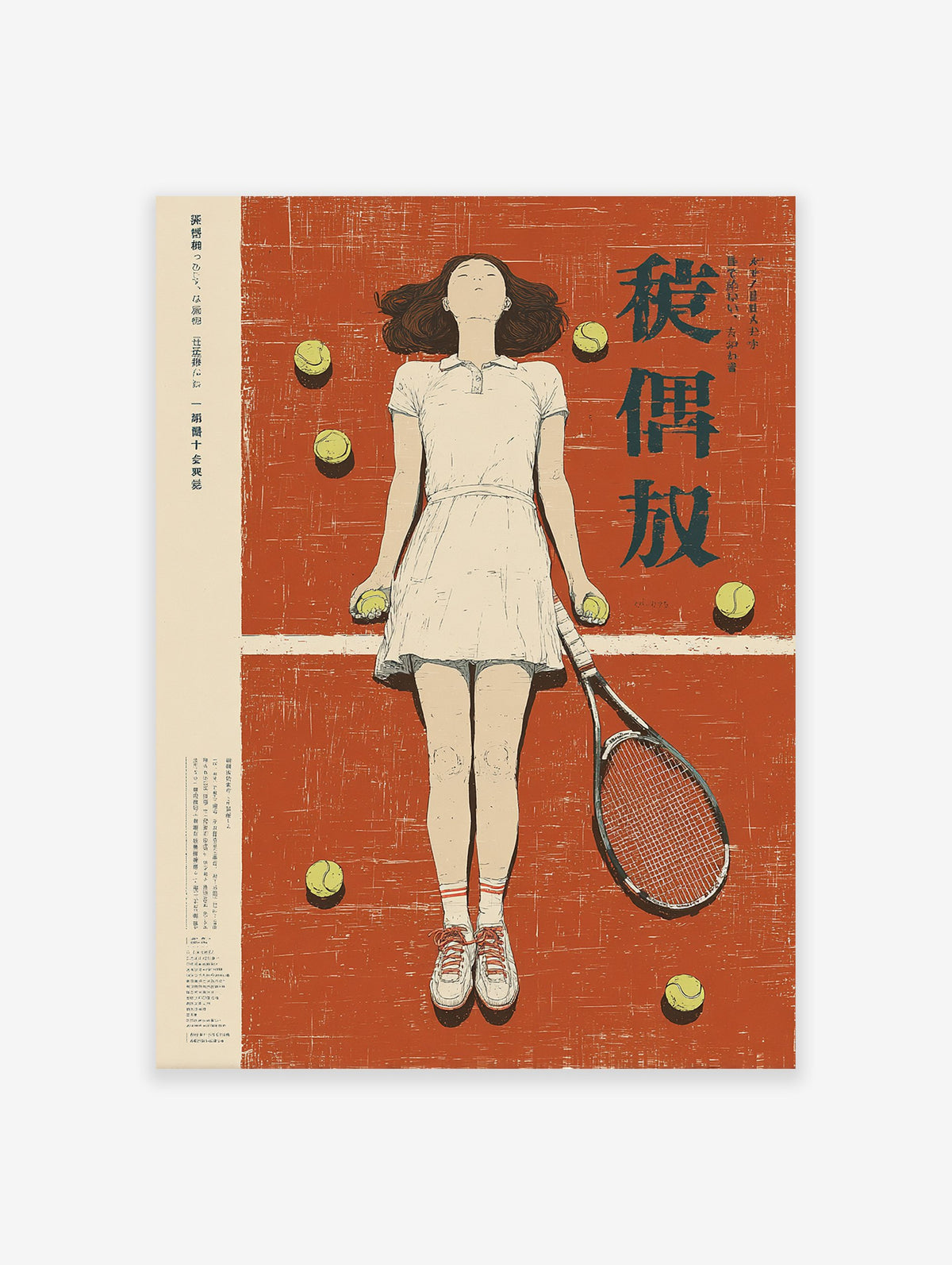 Japanese tennis poster of a girl in a white dress lying on a clay court with tennis balls and a racket.