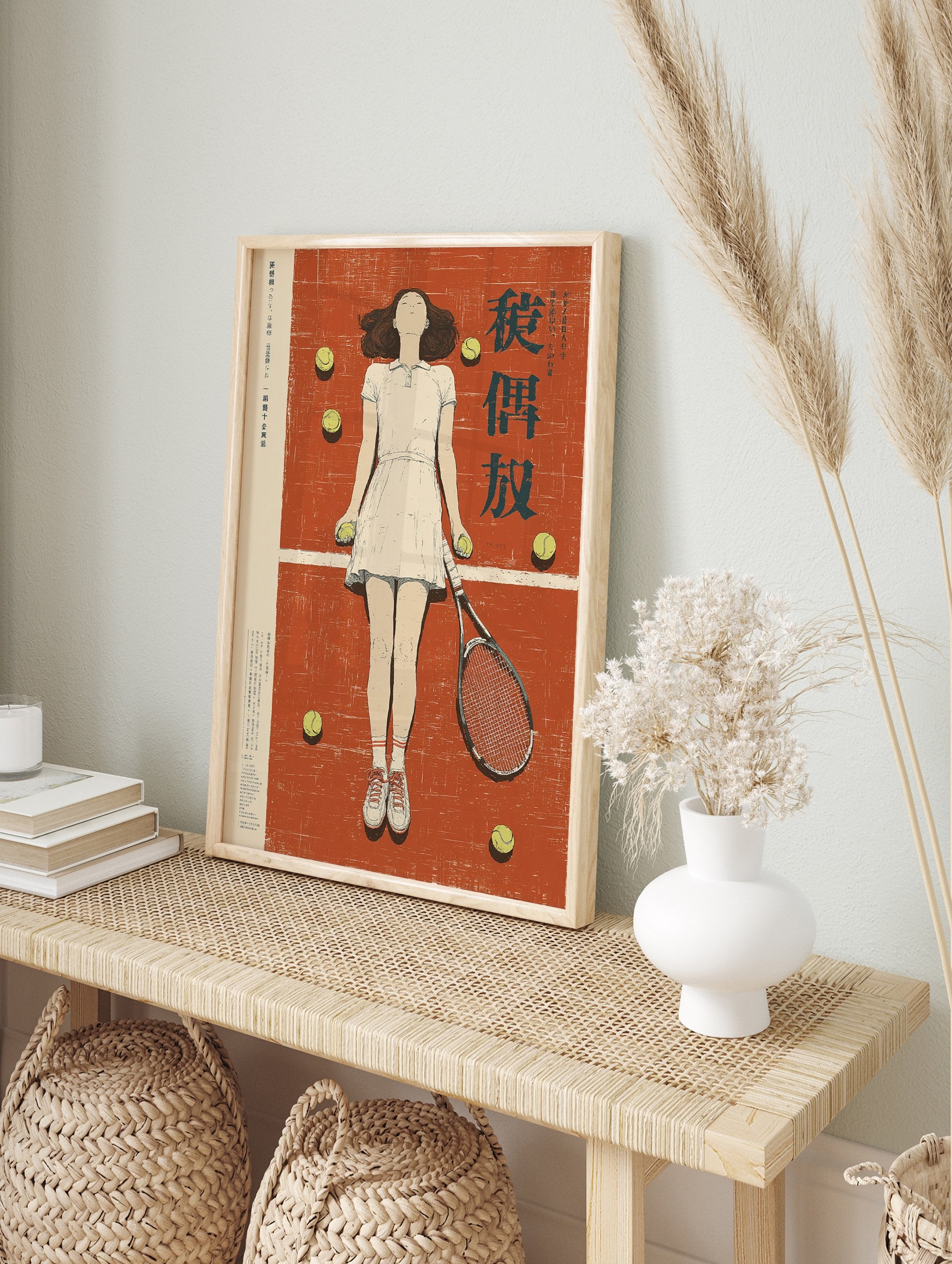 Japanese tennis poster of a girl in a white dress lying on a clay court with tennis balls and a racket. - Image 3