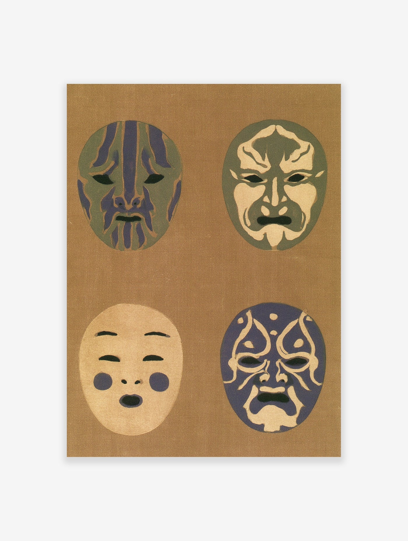 Four traditional Japanese theatre masks with varied purple, green, and blue patterns on a textured tan background art print