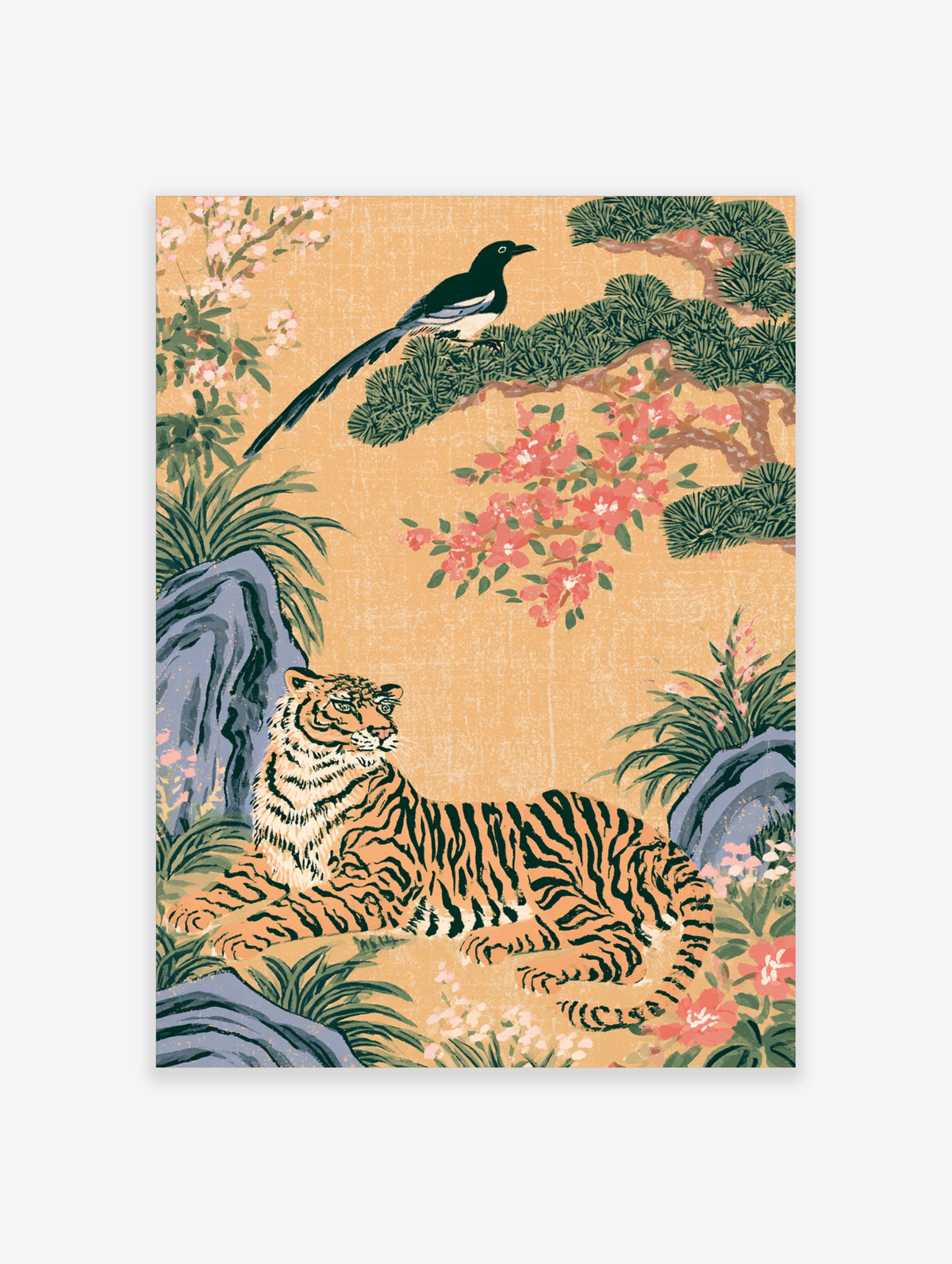 Japanese tiger and magpie poster with golden background, pine branch, and pink blossoms
