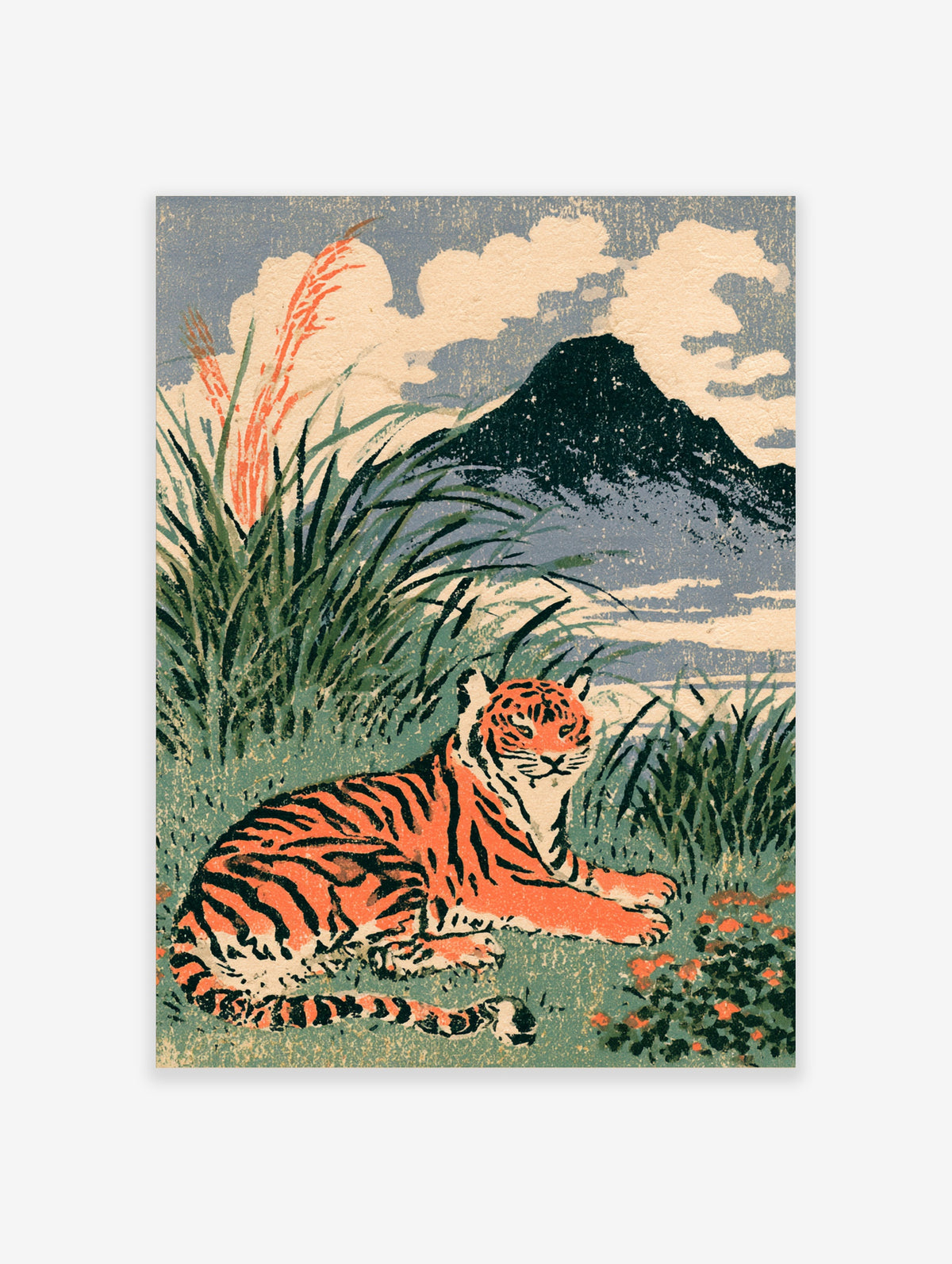 Japanese tiger art print with orange striped tiger in green grasses below a dark mountain peak