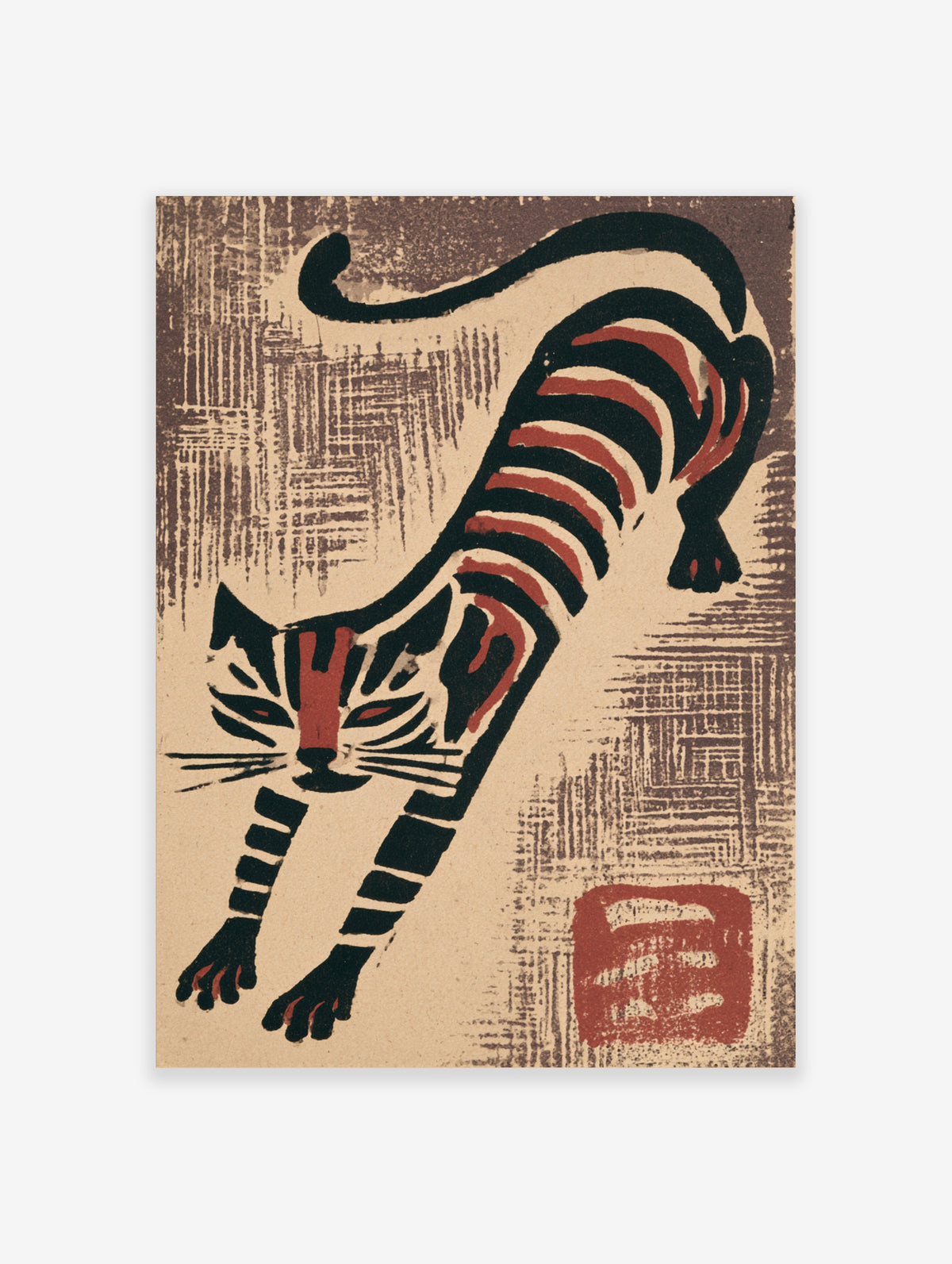 Japanese tiger poster with black and rust stripes on beige, woodblock style cat print