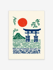 Illustrative Japanese landscape print with red sun, green Mount Fuji, and blue torii gate in water