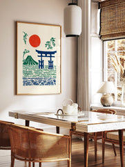 Illustrative Japanese landscape print with red sun, green Mount Fuji, and blue torii gate in water, in a styled room mockup
