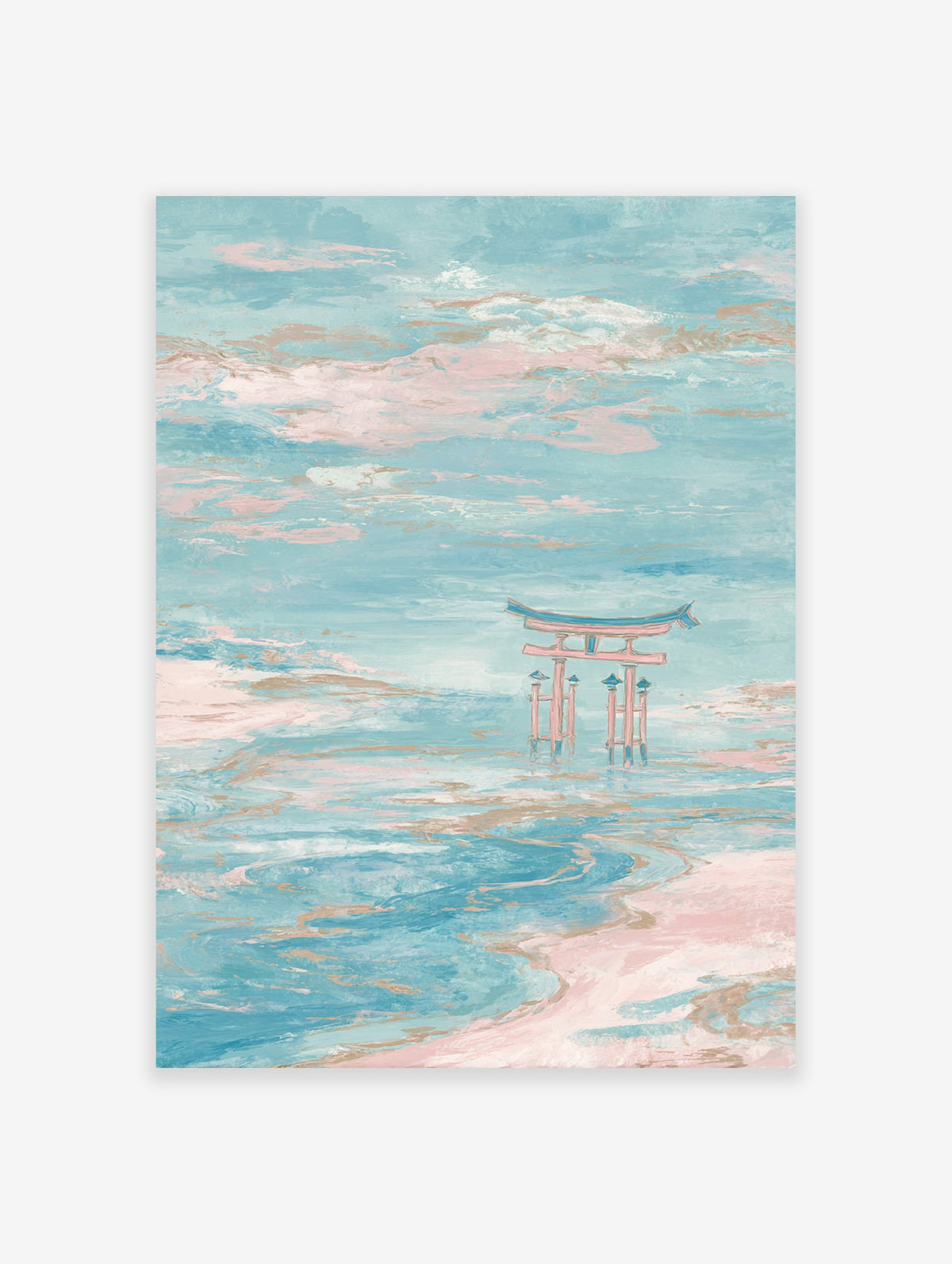 Abstract Japanese Torii Gate wall art in pastel blue and pink tones, standing in calm water under a cloudy sky.