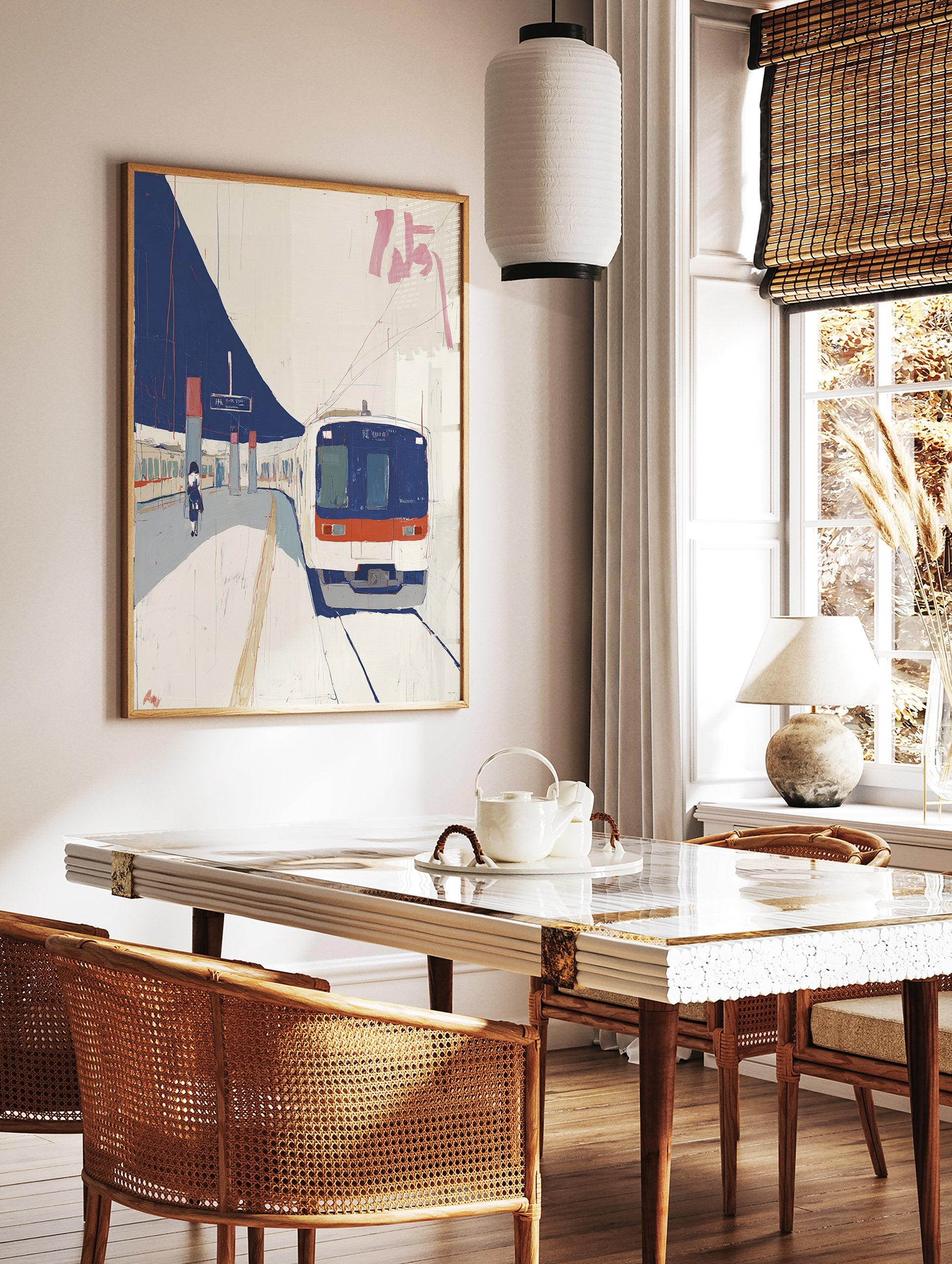 Modern Japanese Train Art painting showing a blue and white train at a station platform with a person walking. - Image 2
