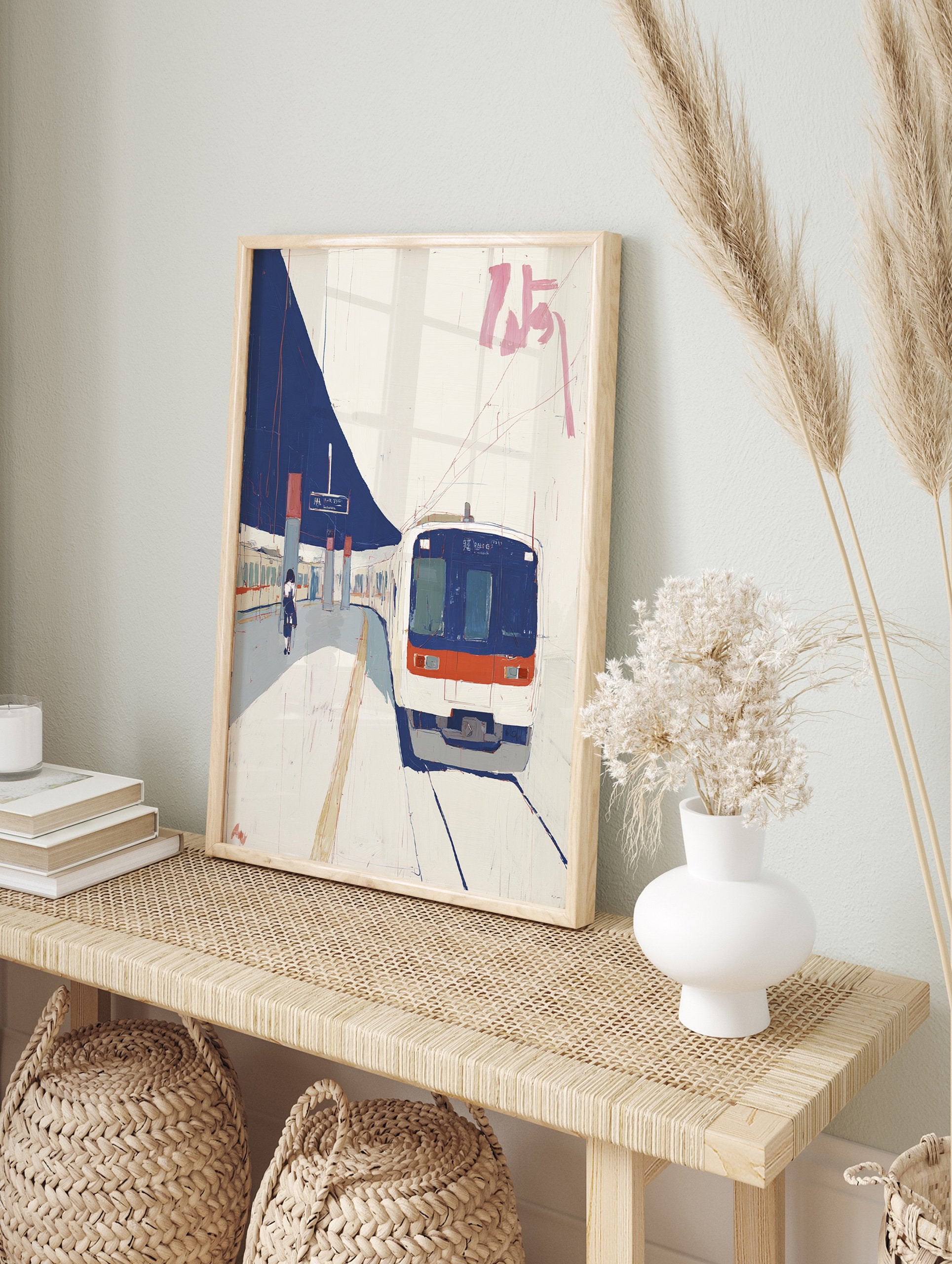Modern Japanese Train Art painting showing a blue and white train at a station platform with a person walking. - Image 3