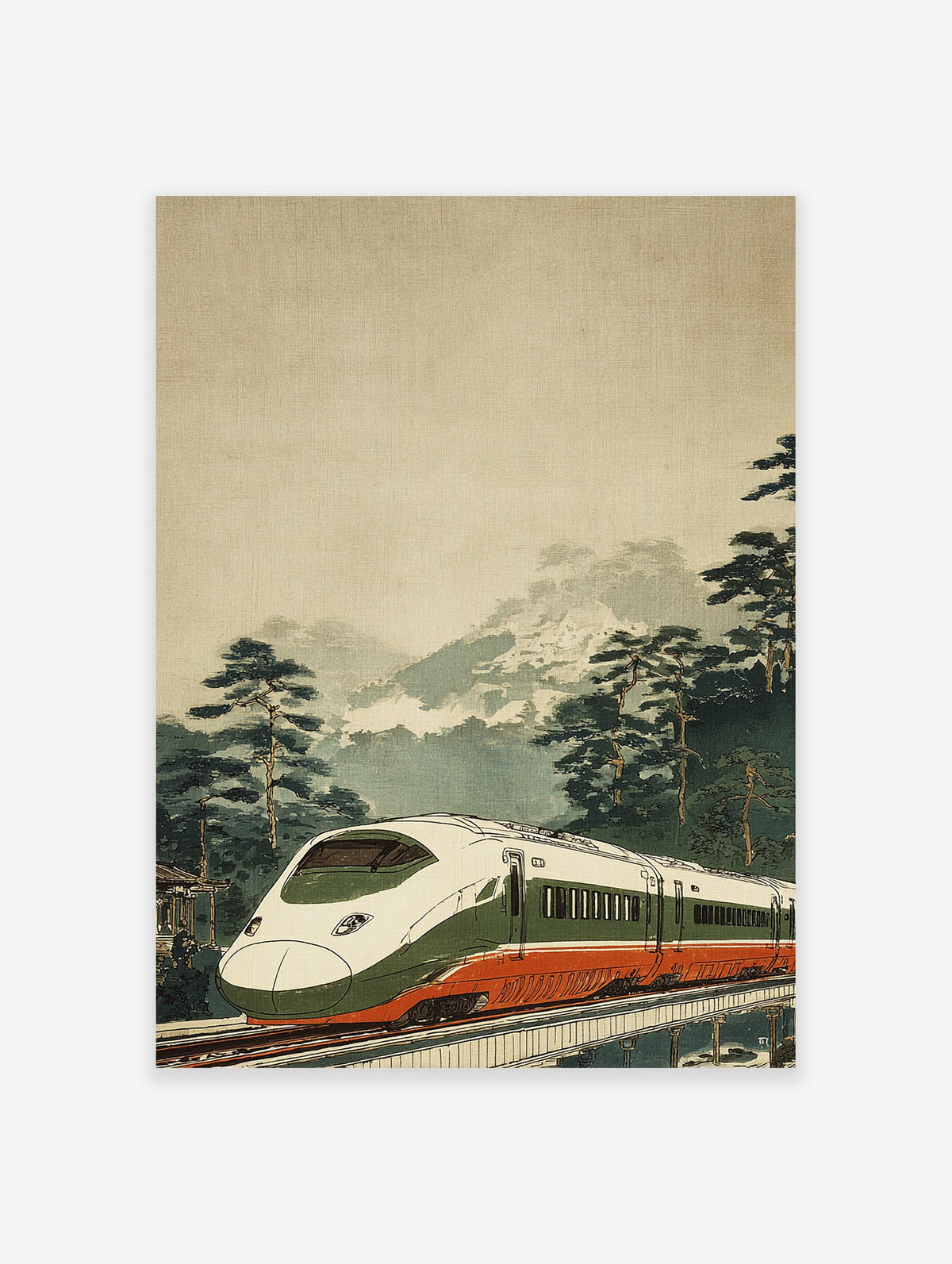 Japanese Shinkansen bullet train in green and red on a bridge, with pine trees and misty mountains in Ukiyo-e style art.