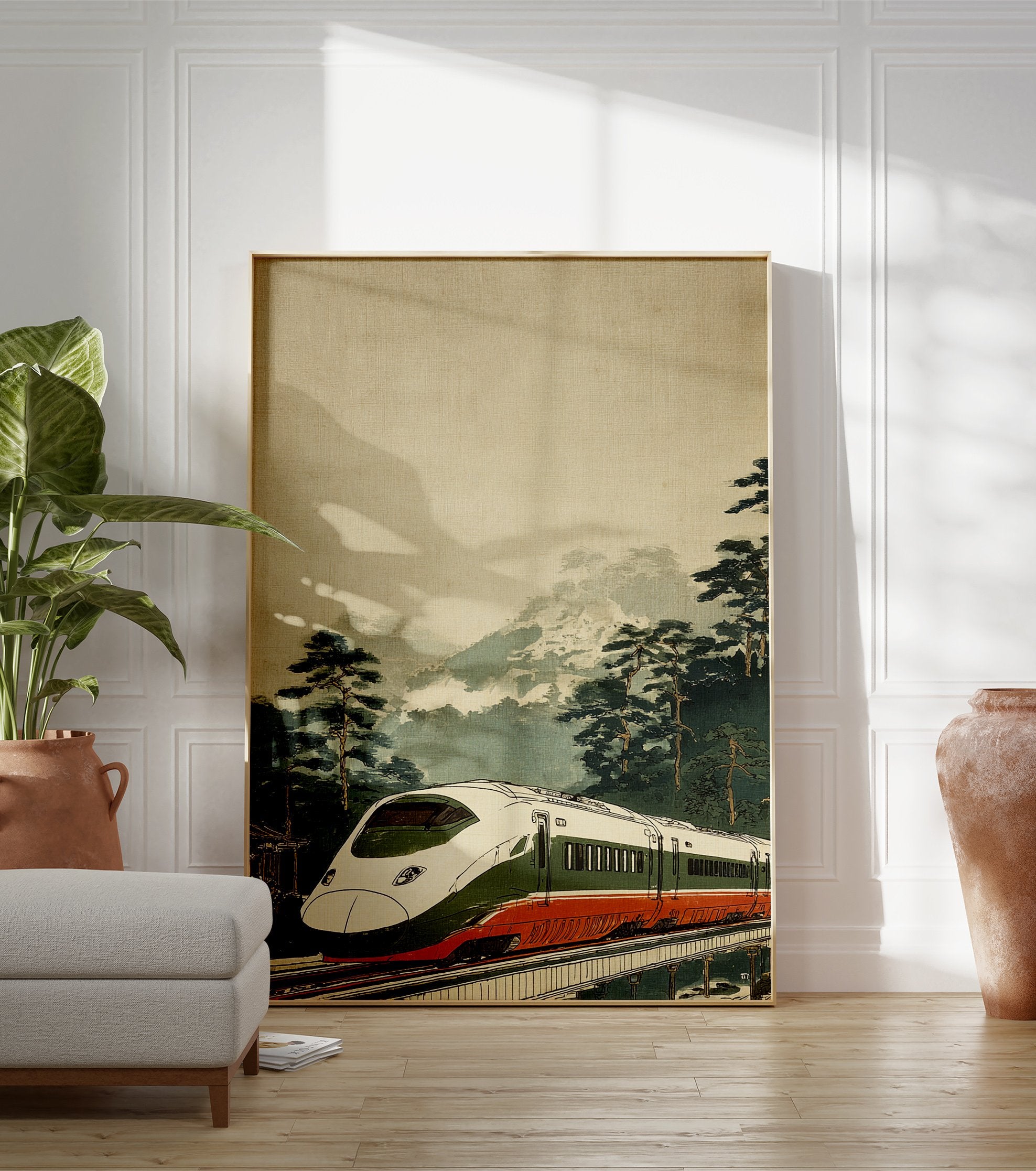 Japanese Shinkansen bullet train in green and red on a bridge, with pine trees and misty mountains in Ukiyo-e style art. - Image 3