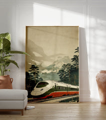 Japanese Shinkansen bullet train in green and red on a bridge, with pine trees and misty mountains in Ukiyo-e style art. - Image 3