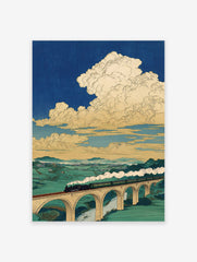 Japanese woodblock style print of a black steam train crossing a multi-arch stone viaduct over a green valley with a cloudy blue sky.