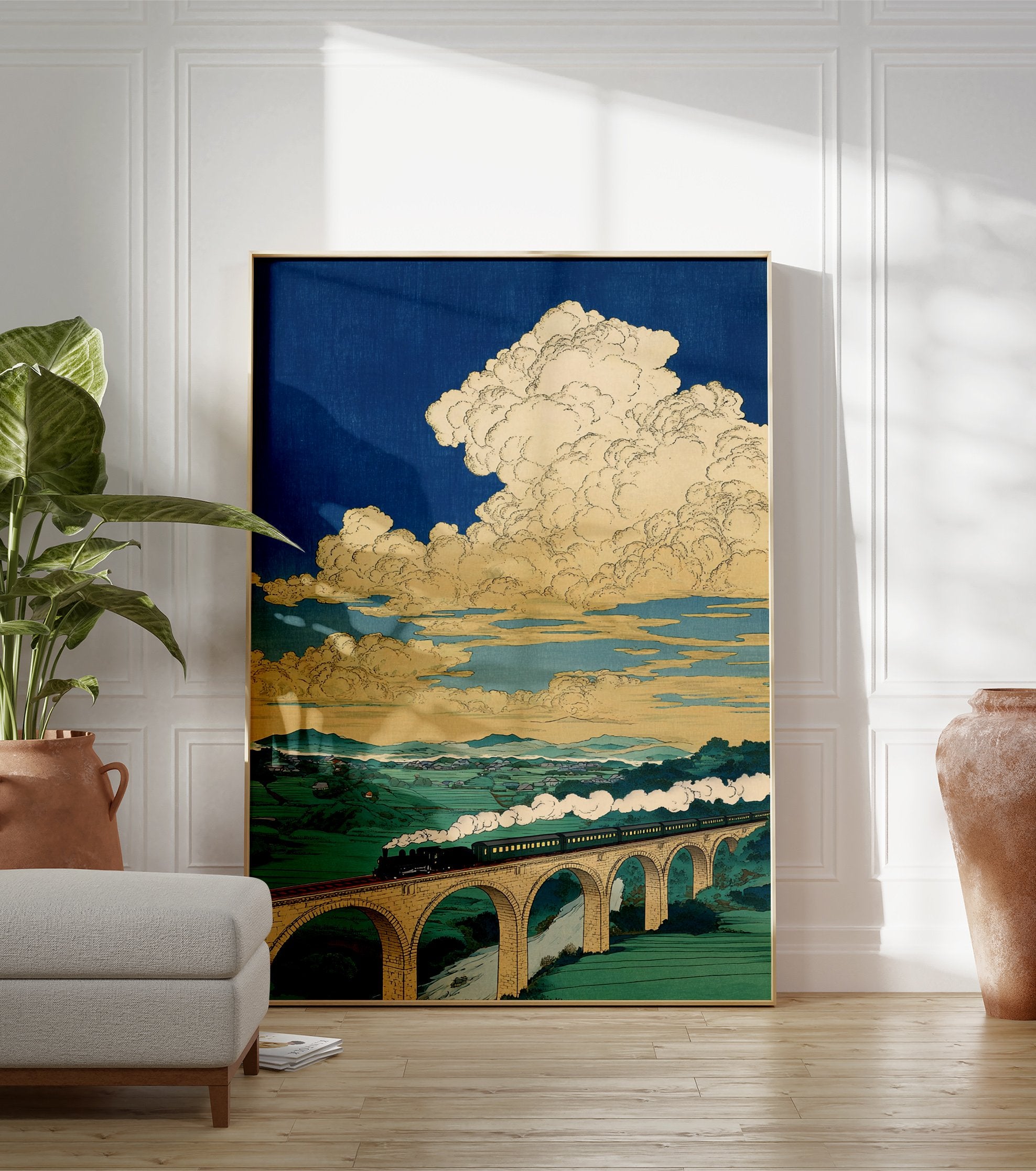 Japanese woodblock style print of a black steam train crossing a multi-arch stone viaduct over a green valley with a cloudy blue sky. - Image 3