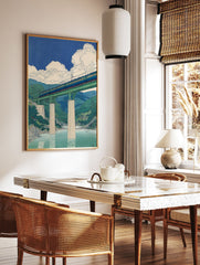 Japanese style art print of a blue train crossing a green bridge over a river with mountains and clouds in blue sky. - Image 2