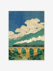 Japanese Ukiyo-e art print of a steam train on an arched bridge over a river, with green mountains and blue sky.