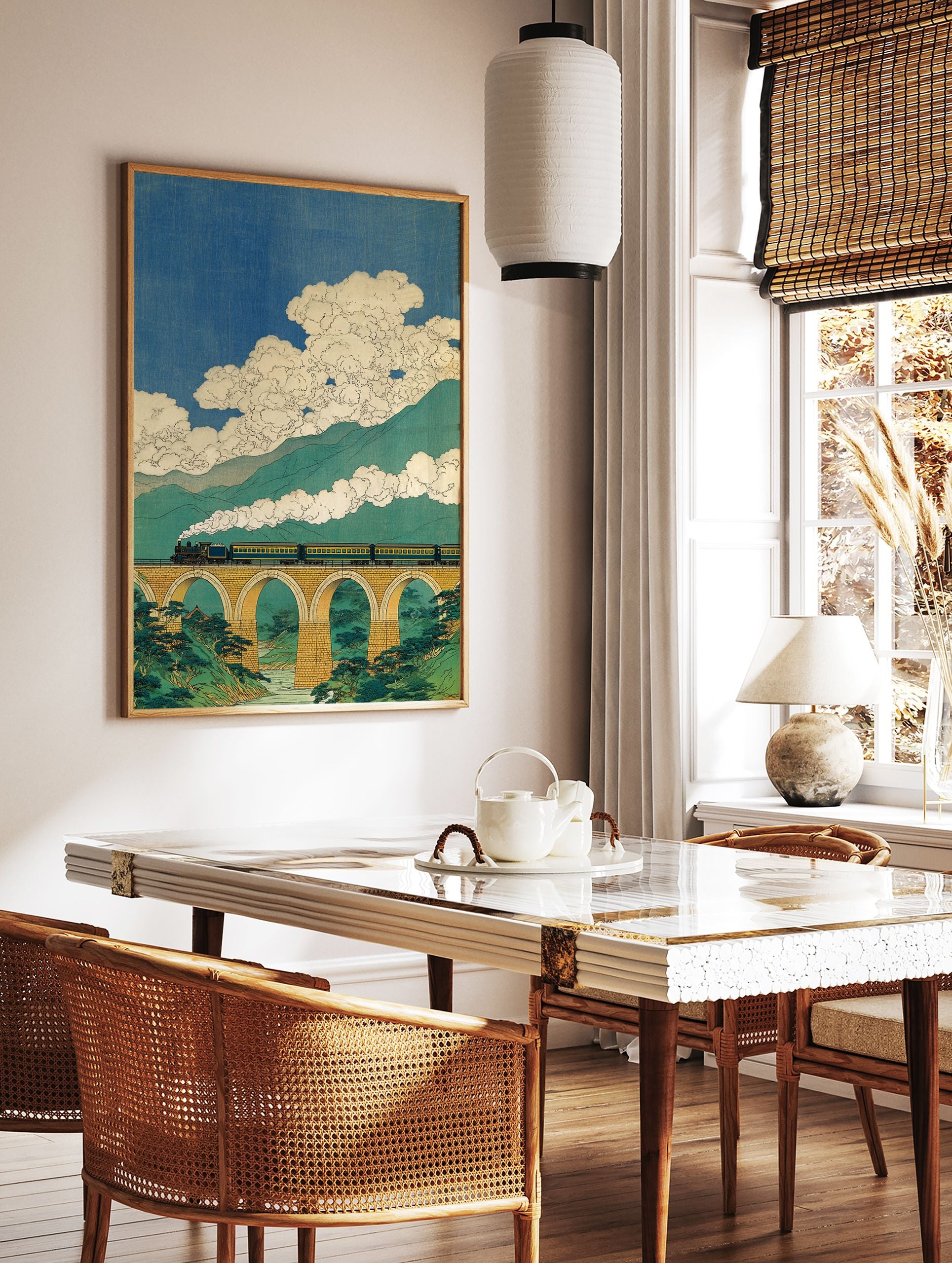 Japanese Ukiyo-e art print of a steam train on an arched bridge over a river, with green mountains and blue sky. - Image 2