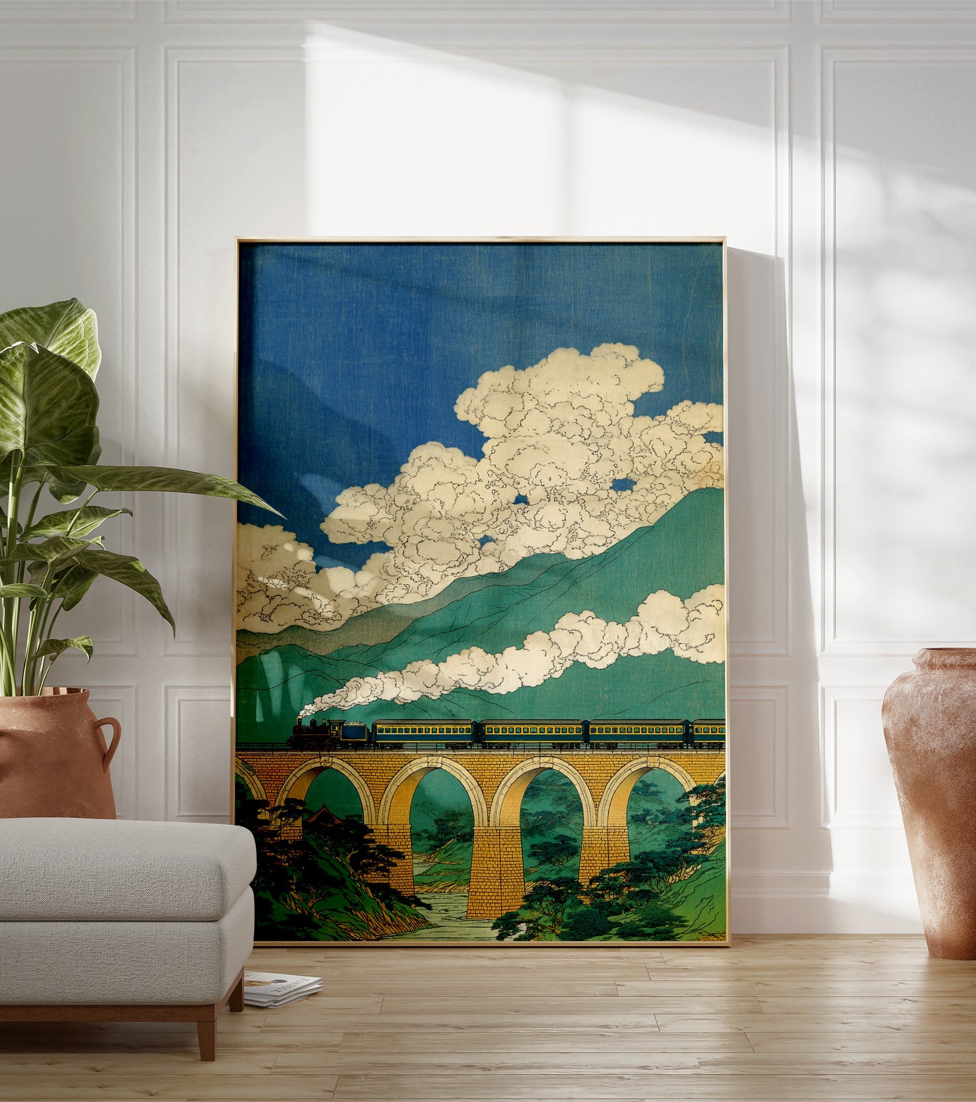 Japanese Ukiyo-e art print of a steam train on an arched bridge over a river, with green mountains and blue sky. - Image 3