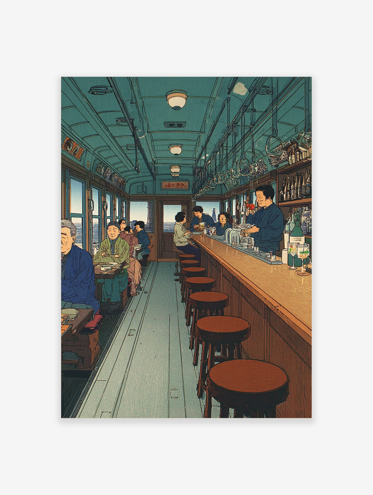 Japanese train carriage bar scene with people, bartender, and wooden furniture, in an Ukiyo-e style