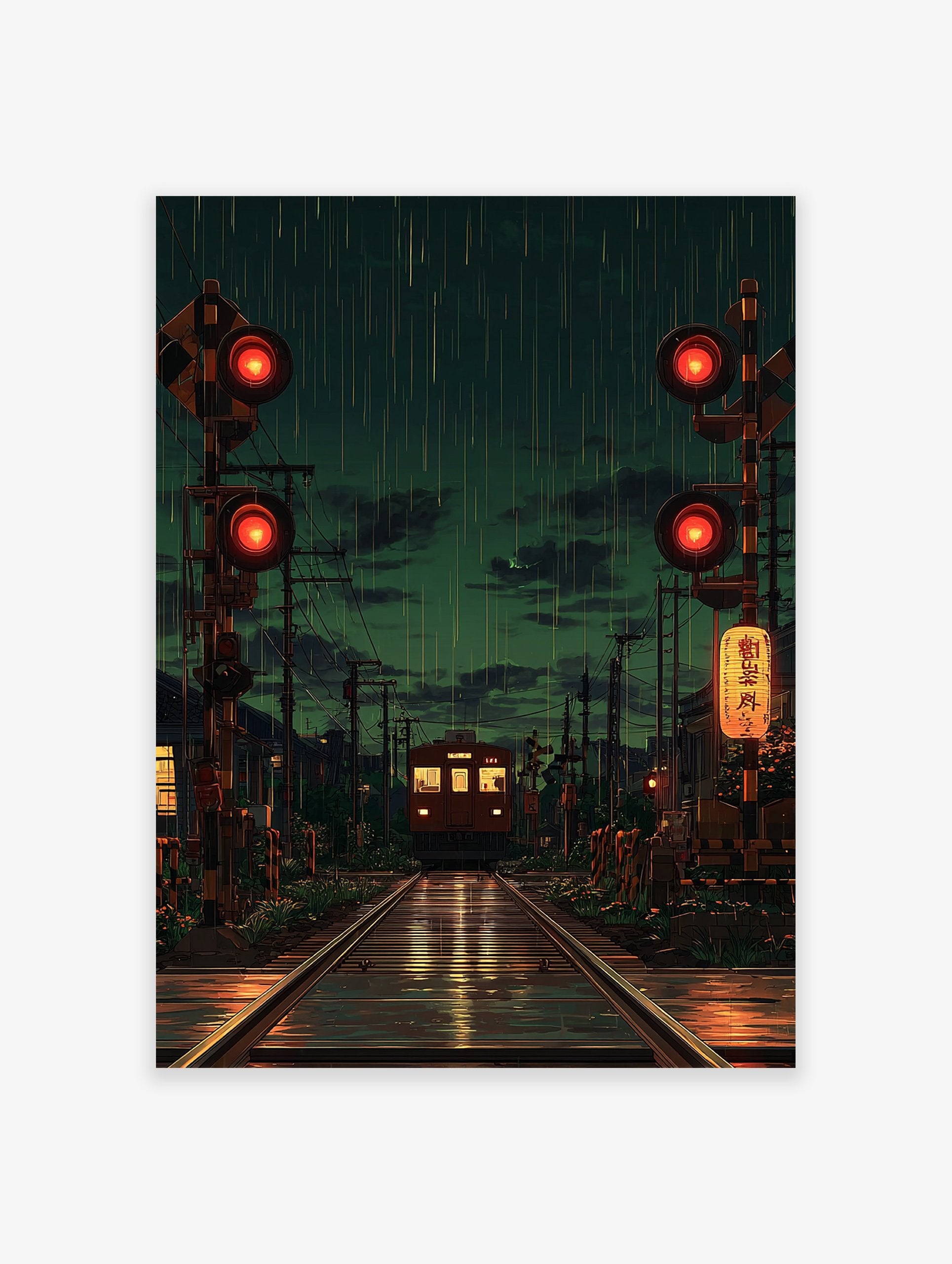 Japanese train poster showing a train at a rainy night crossing with red signal lights and glowing reflections on wet tracks.