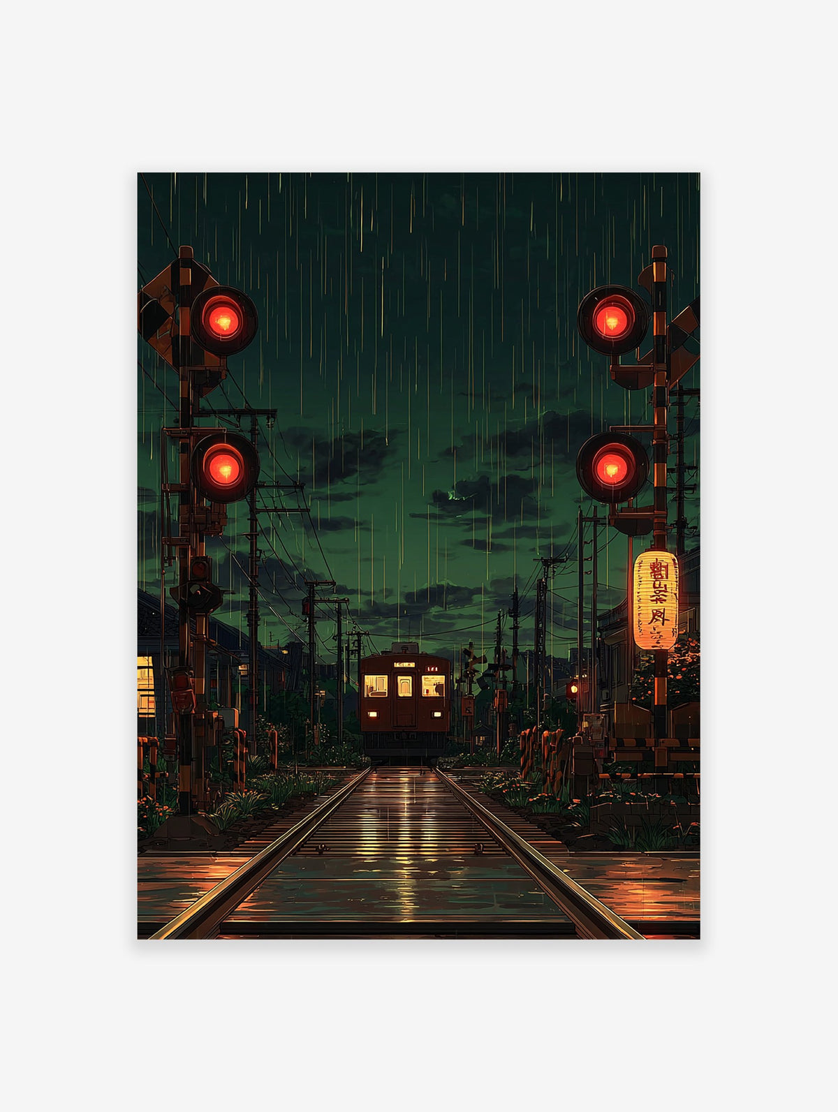 Japanese train poster showing a train at a rainy night crossing with red signal lights and glowing reflections on wet tracks.
