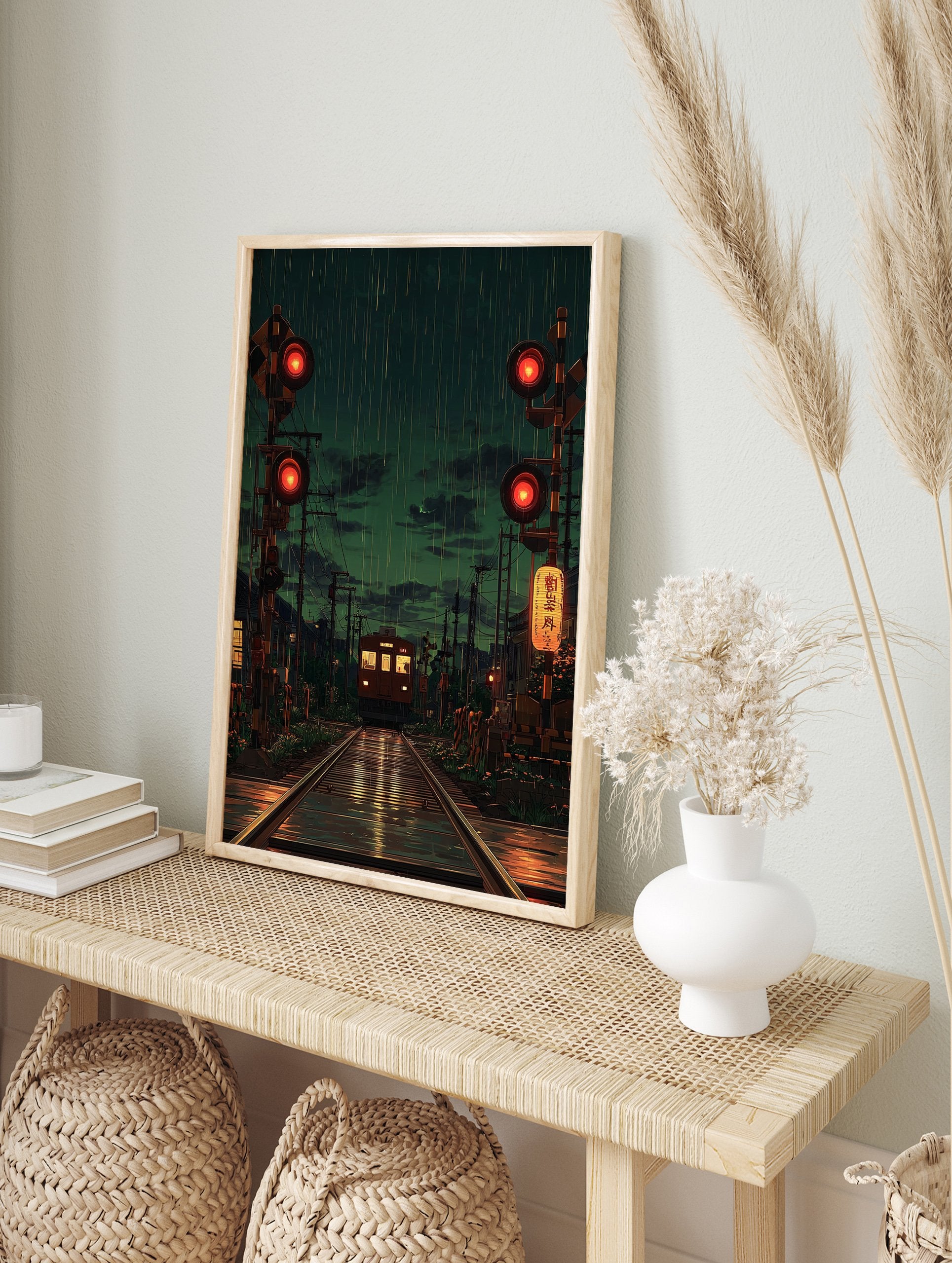 Japanese train poster showing a train at a rainy night crossing with red signal lights and glowing reflections on wet tracks. - Image 4