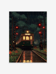 Japanese train poster showing a green train on tracks at night in the rain, with red signal lights and city lights.