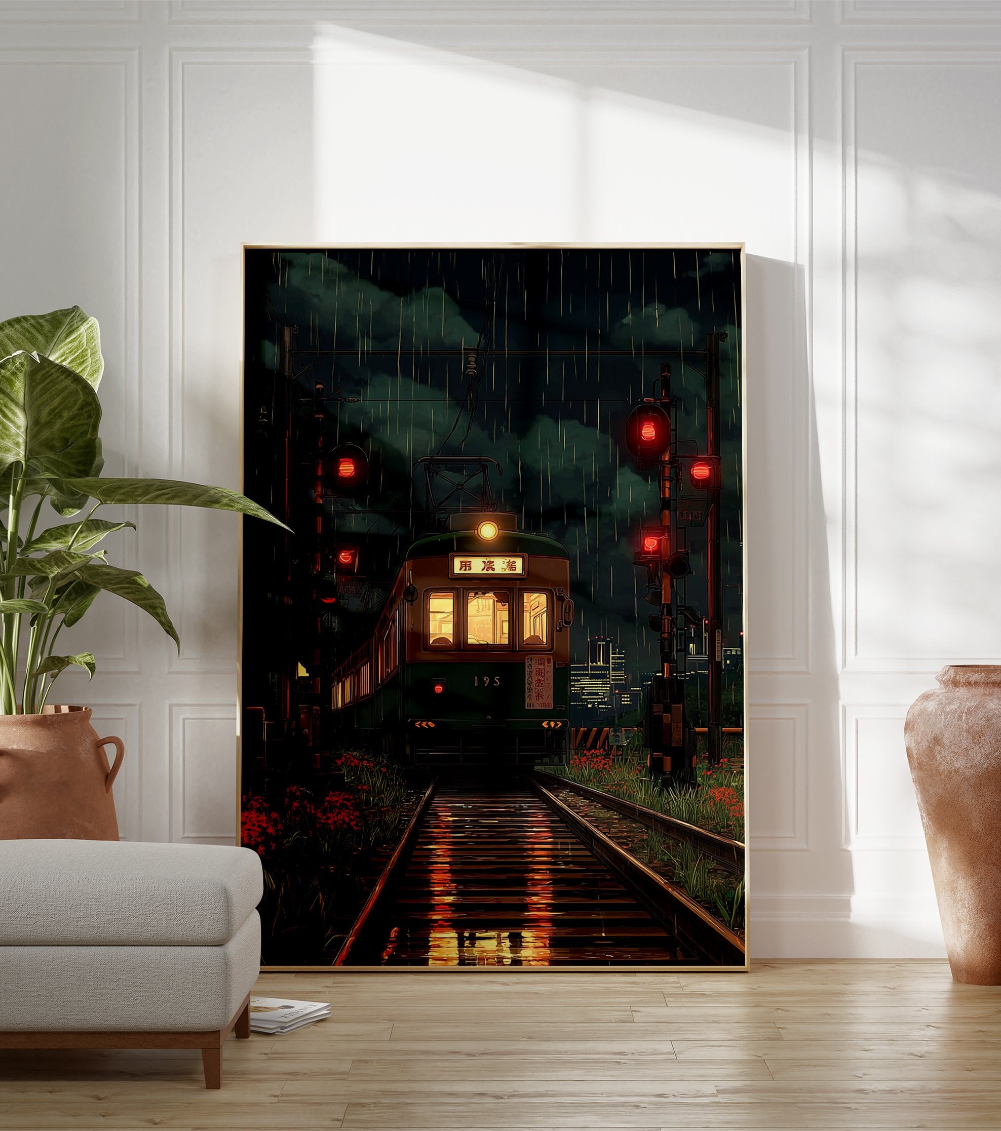 Japanese train poster showing a green train on tracks at night in the rain, with red signal lights and city lights. - Image 3