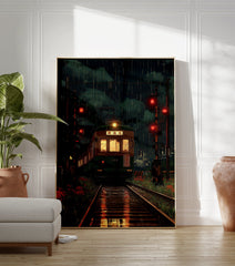 Japanese train poster showing a green train on tracks at night in the rain, with red signal lights and city lights. - Image 3