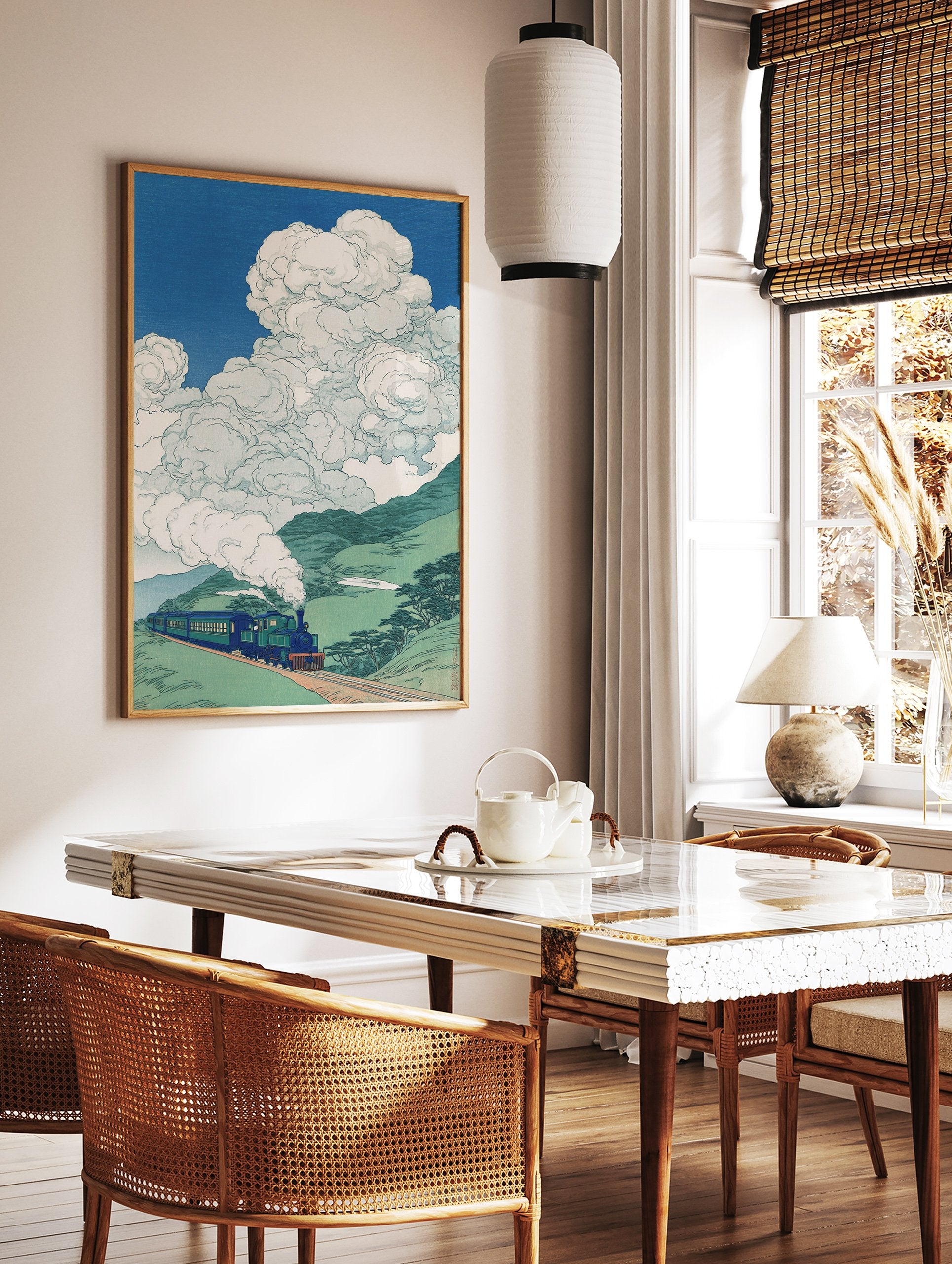 Japanese Train Print depicting a blue train with steam, traveling through green mountains under a bright blue sky with white clouds. - Image 2