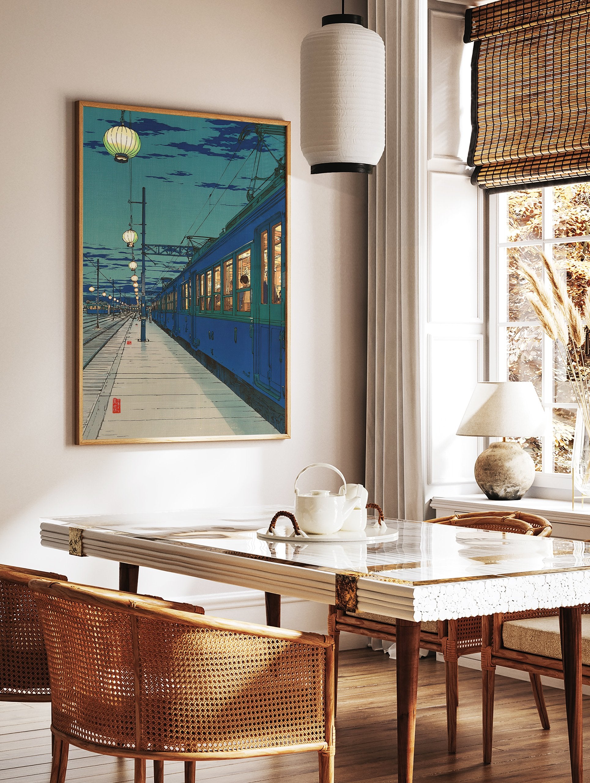 Japanese train station art print at night with blue train, glowing lanterns, and tracks under a dark blue sky. - Image 2