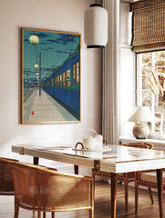 Japanese train station art print at night with blue train, glowing lanterns, and tracks under a dark blue sky. - Image 2
