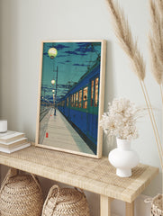 Japanese train station art print at night with blue train, glowing lanterns, and tracks under a dark blue sky. - Image 3