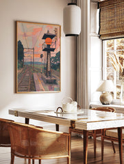 Japanese train station platform with orange lantern, curving railway tracks, and pastel sky at, in a styled room mockup