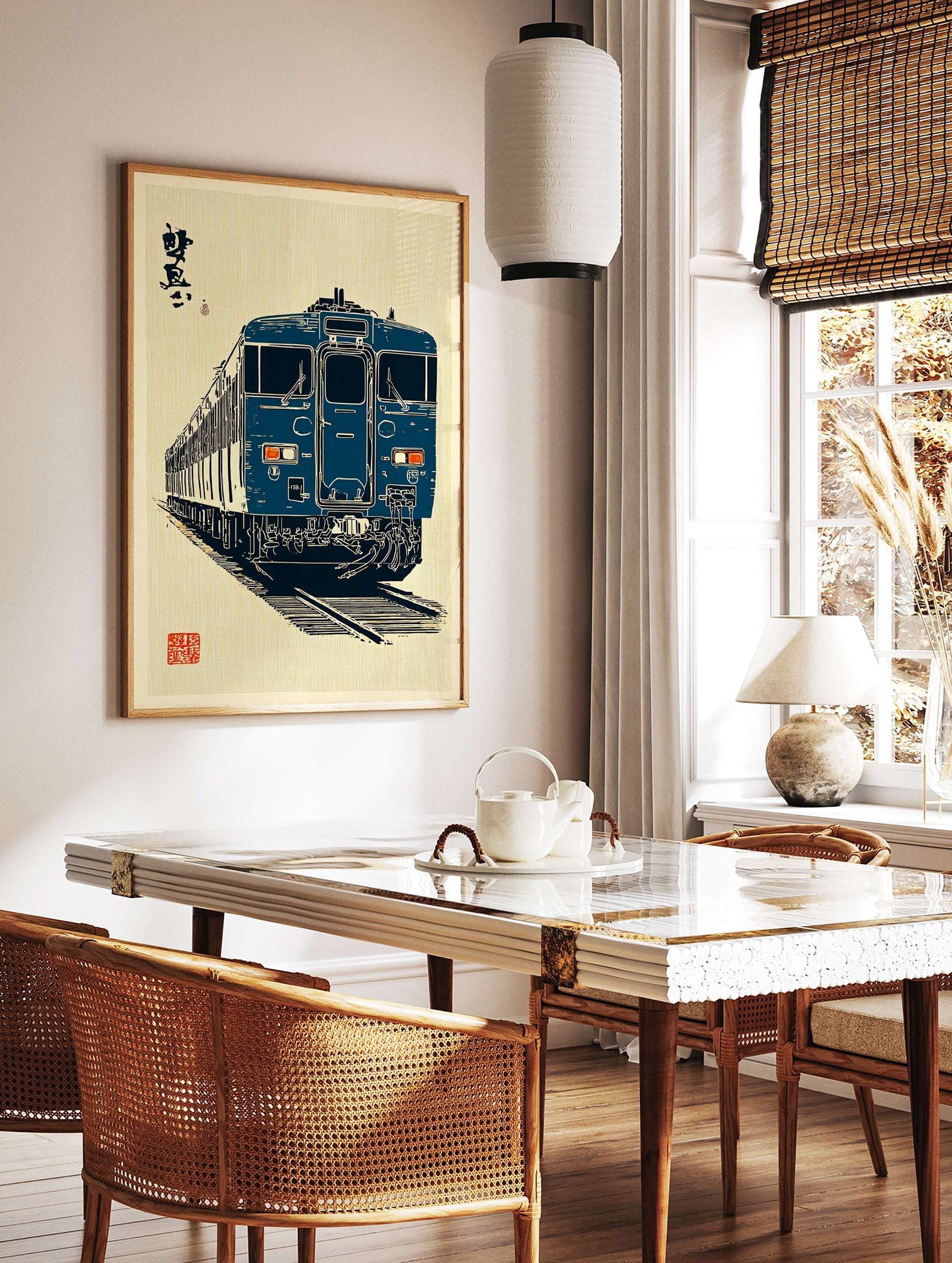 Blue Japanese train wall art illustration in ukiyo-e style with calligraphy on a textured light background. - Image 2