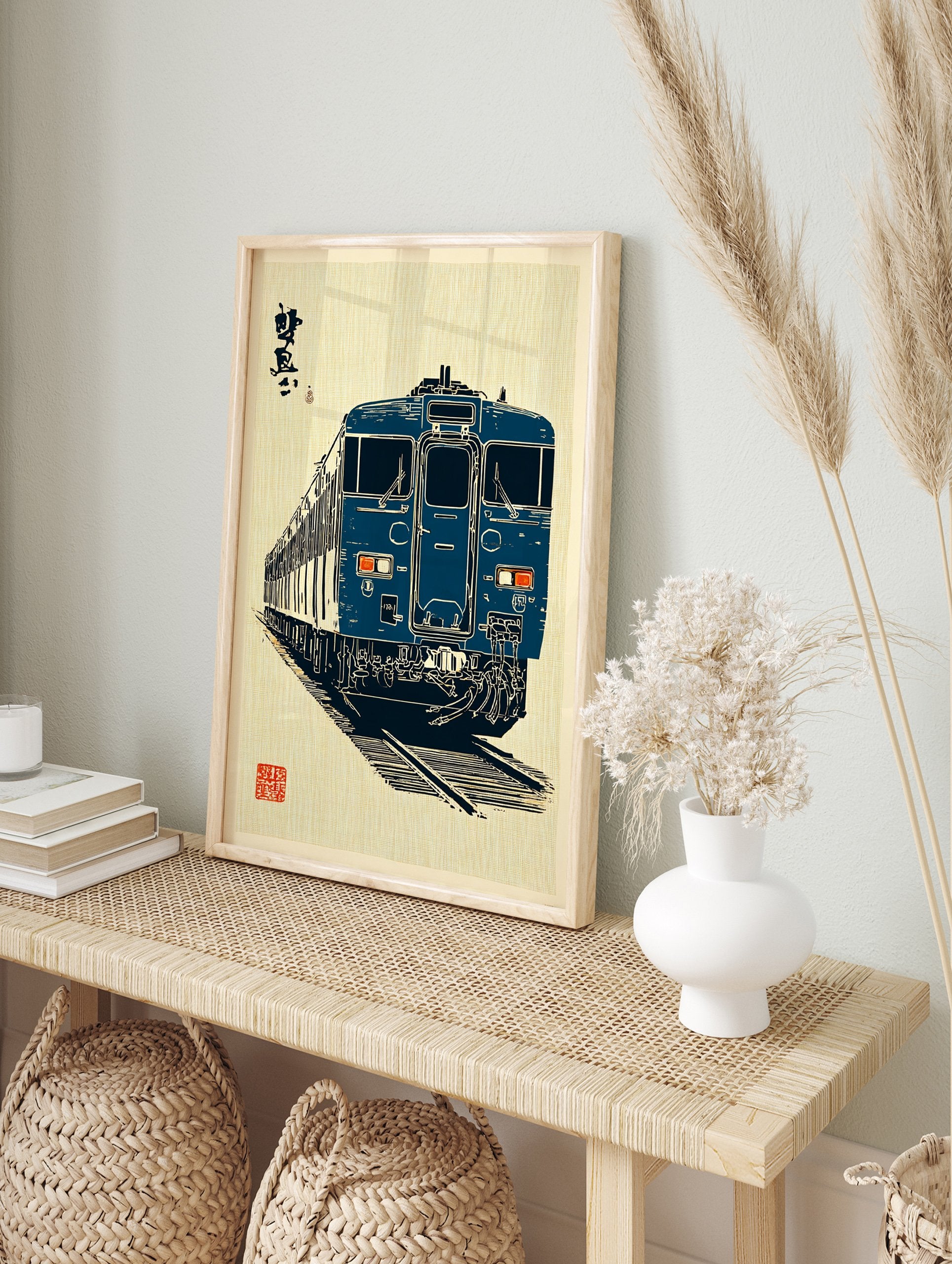 Blue Japanese train wall art illustration in ukiyo-e style with calligraphy on a textured light background. - Image 3