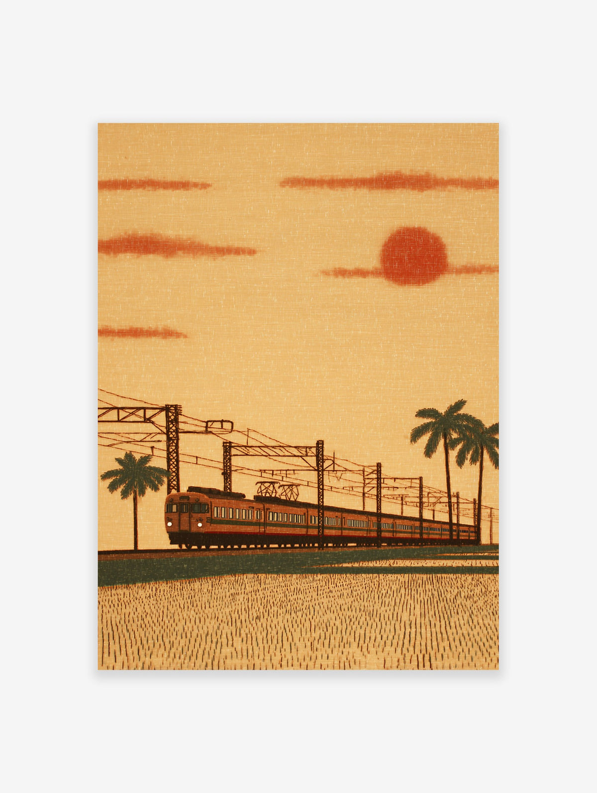 Japanese train moving through a field with palm trees under an orange sunset sky and red sun, in an illustrative art style.